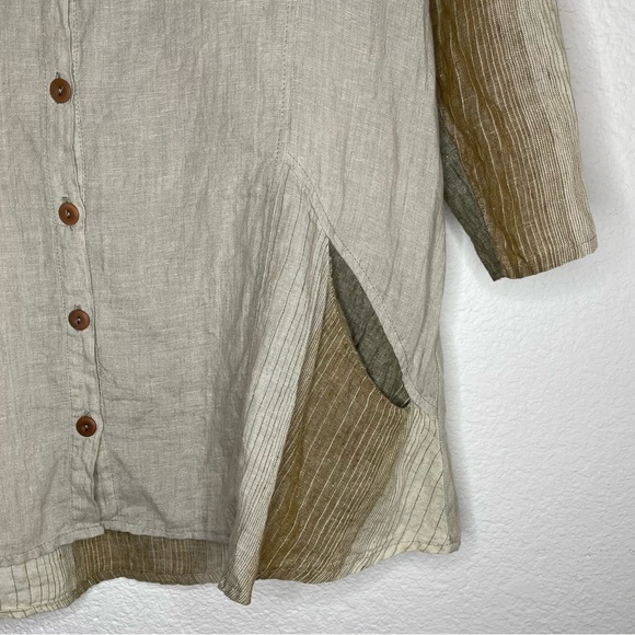 Flax- Striped Linen tunic Button down with 3/4 sleeves Earthy Tones Size S - Picture 3 of 12